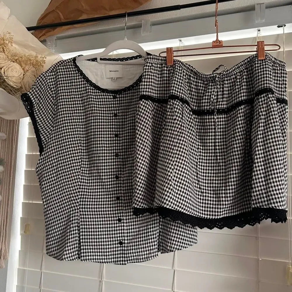 Reformation Valletta remy gingham lace top & skirt set | size 12 nwot - Picture 3 of 7